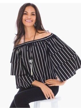 Chico's Black Striped Off the Shoulder Tiered Sleeve Blouse Size Large